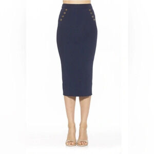 NWT Alexia Admor Ribbed Knit Midi Length Skirt Size L Blue Navy Button Stretch